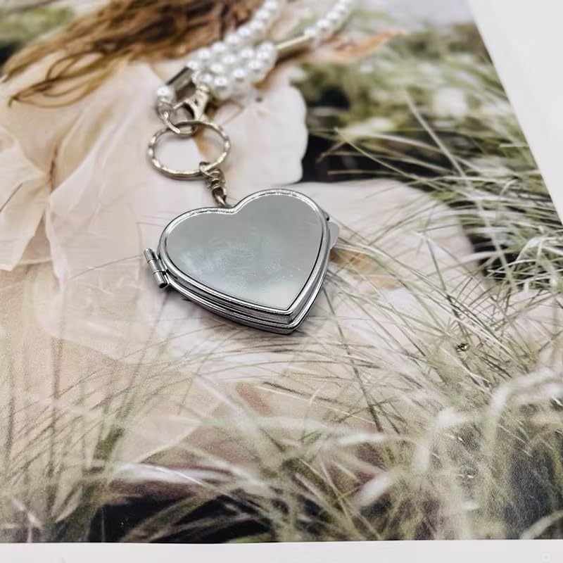 Heart Shaped Metal Compact Pocket Mirror with Keychain Travel Folding