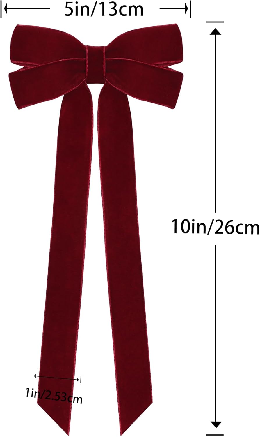 Skiennix 12Pcs Burgundy Velvet Ribbon Bows - 5in x 10in Xmas Tree Ornaments for Holiday Decor