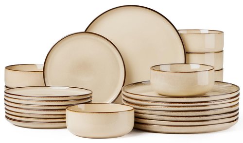 Herogo Stoneware Plates and Bowls Sets for 8, 24 Pieces Modern Round Dinnerware, Reactive Glaze Dishes Set for Kitchen, Chip Resistant, Microwave & Dishwasher Safe, Cream Khaki