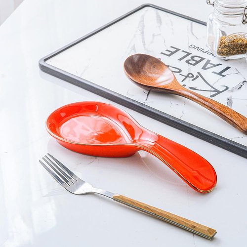 Maxramic Ceramic Spoon Rest for Stove Top, Golden Rim Spoon Holder Utensil Rest, Cute Spoon Rests for Coffee Bar (Red)