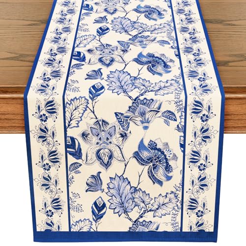 WRAPAHOLIC Blue Floral Table Runner - 13 x 72 Inch Linen Farmhouse Decor