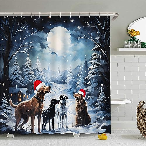 Winter Forest Dog Shower Curtain 70" x 70" - Christmas Night Scene