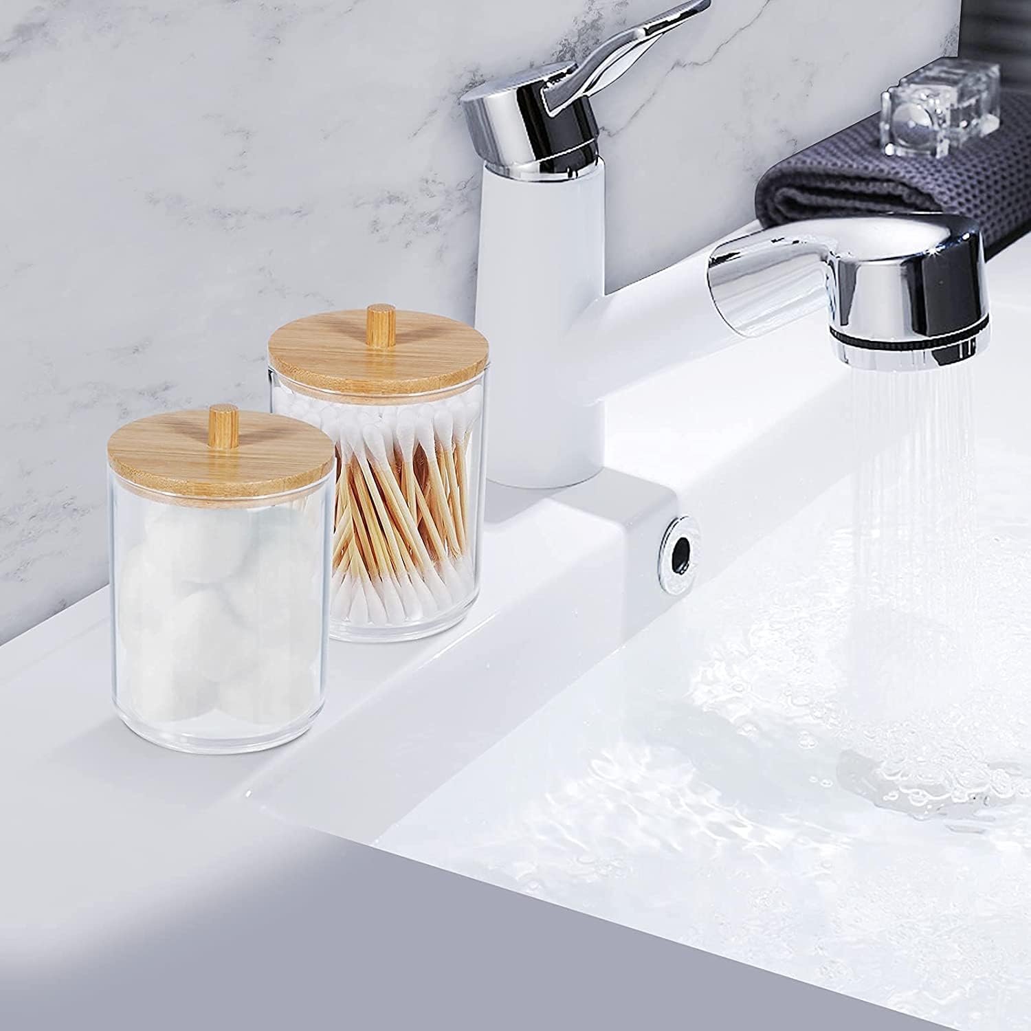 Qtip Holder Dispenser by [Brand Name] - Bamboo Lid Vanity Tray & 10 oz Clear Plastic Jar for Makeup Storage | Bathroom Accessory Set for Cotton Swabs, Balls, Pads, Floss