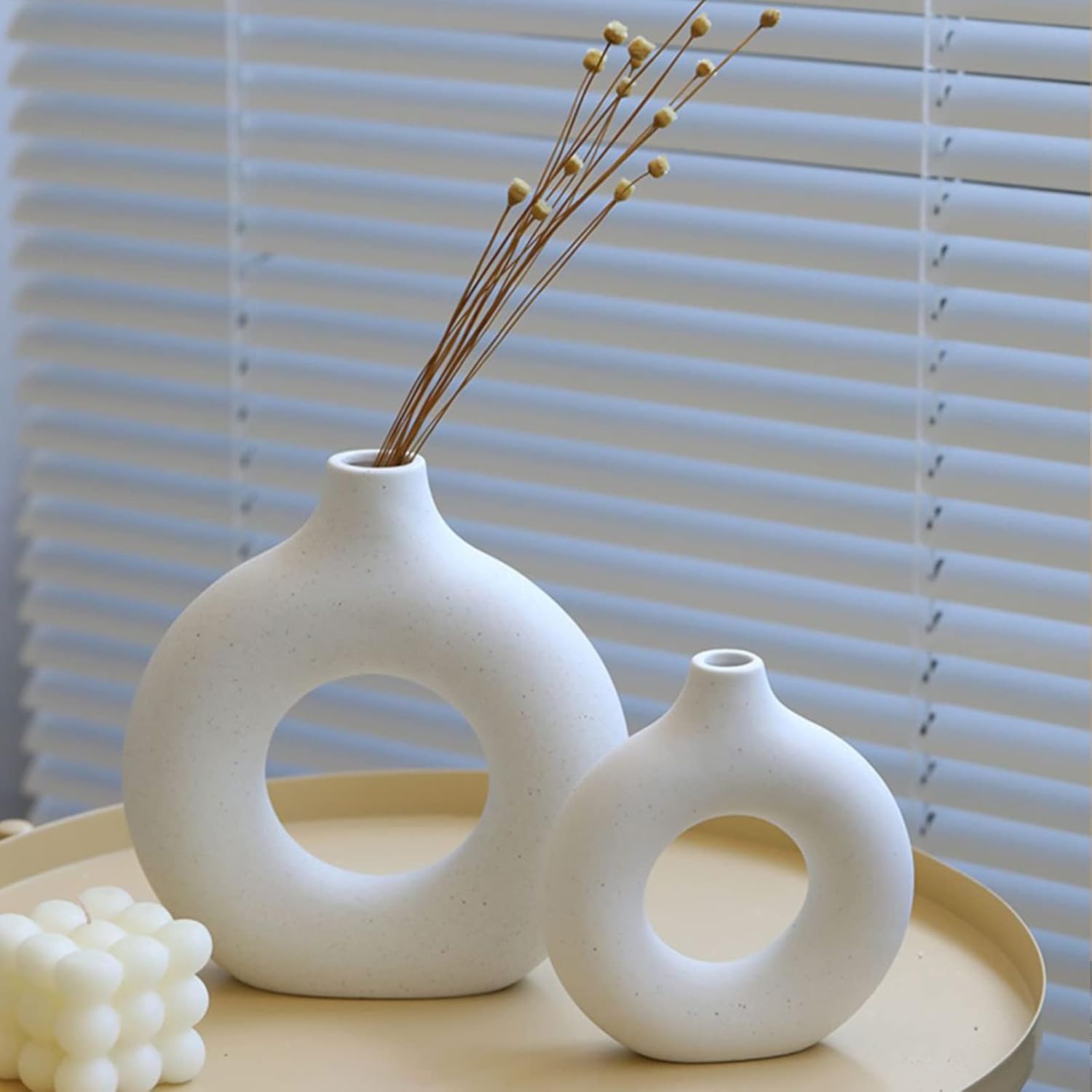 Skiennix White Ceramic Vases - Modern Round Pampas Grass Decor | Set of 2 for Minimalist Home & Office