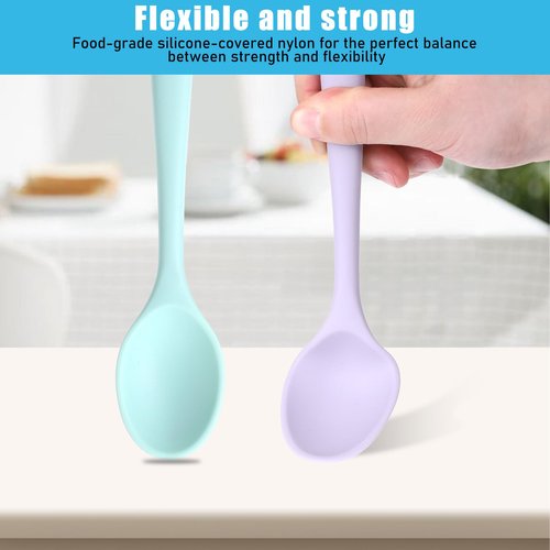 4 Pieces Small Silicone Spoons Multicolored Nonstick Kitchen Spoons Silicone Mixing Spoon for Cooking Heat Resistant Tea Spoon for Kitchen Cooking Baking Serving (Blue Light Blue Purple Cyan)