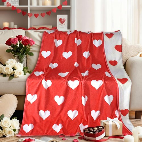 Valentine's Day Throw Blanket, Heart Red and White Reversible Flannel Throw Blanket, Soft Lightweight Cozy Love Gift for Girlfriend Wife Couple Women Couch Sofa Bed Decor, 50 x 60 Inch (Heart)