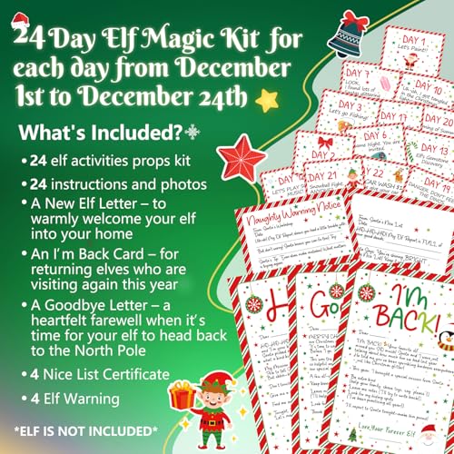 Christmas Elf Activities Kit with 24 Props & Instructions - Holiday Countdown Fun