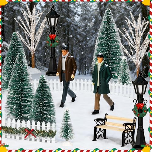 Christmas Village Miniature Set with Trees, Lamp Posts & Snow Blanket