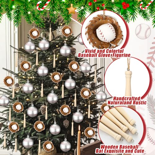 36 Pcs Baseball Christmas Ornaments & Wooden Bats Holiday Decor Set - Sports Theme