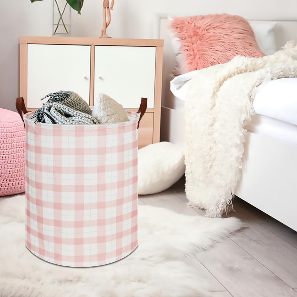 CLOCOR Laundry Basket, Waterproof Pink Nursery Hamper, Collapsible Fabric Storage Container, Room Decor, Gift Basket(Pink Grid)