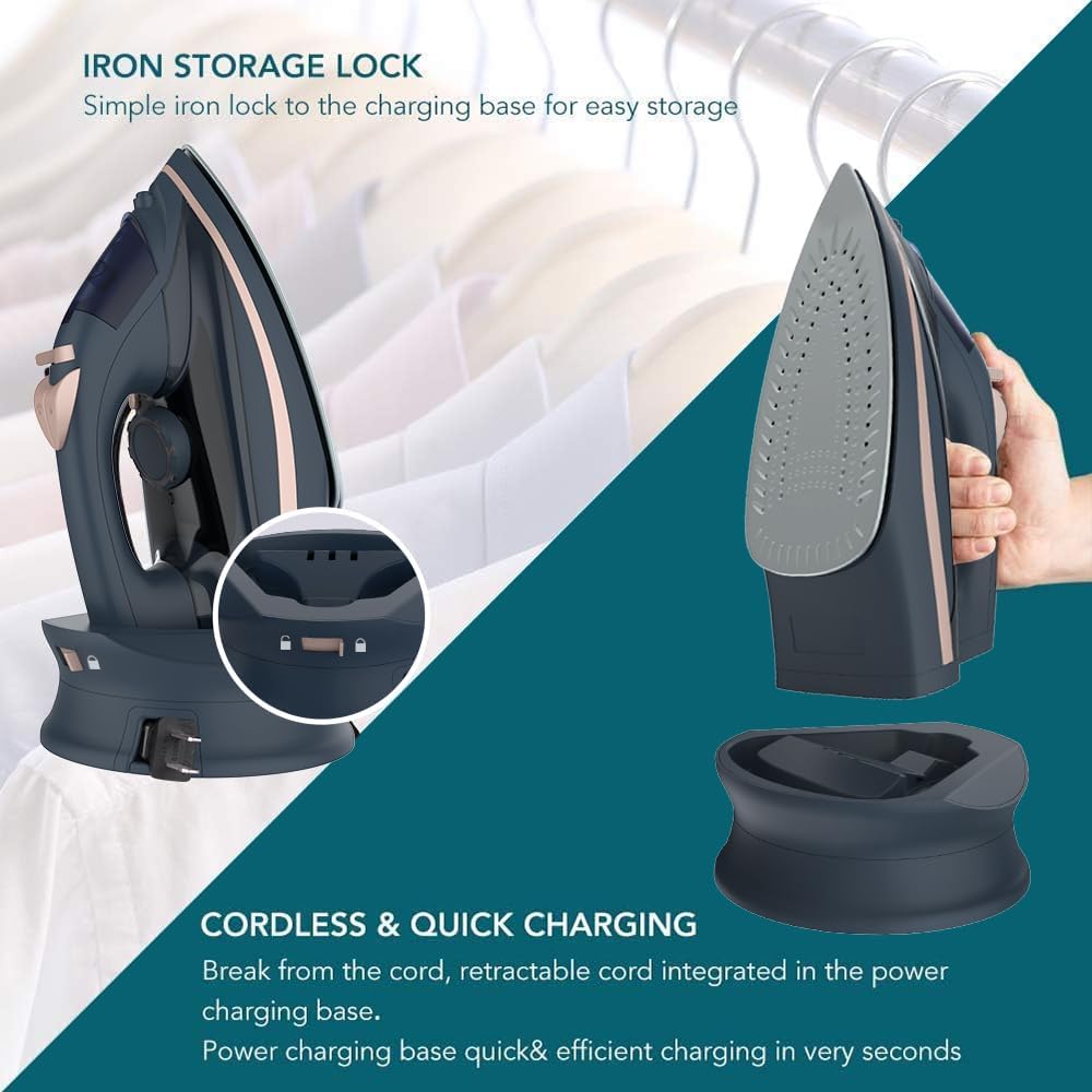 Martisan Cordless Iron - 1500W Wireless Rapid Heating with Ceramic Soleplate & Retractable Cord