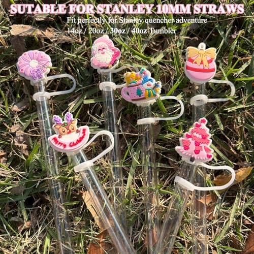 Pink Christmas Straw Toppers for Tumblers - Compatible with Stanley & 20oz-40oz Drinkware - Girly Holiday Design