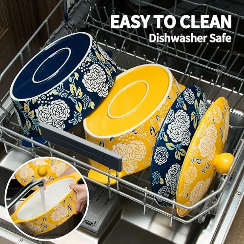 Yellow Ceramic Casserole Dish with Lid - Oven Safe Baking Pan for Cooking & Serving