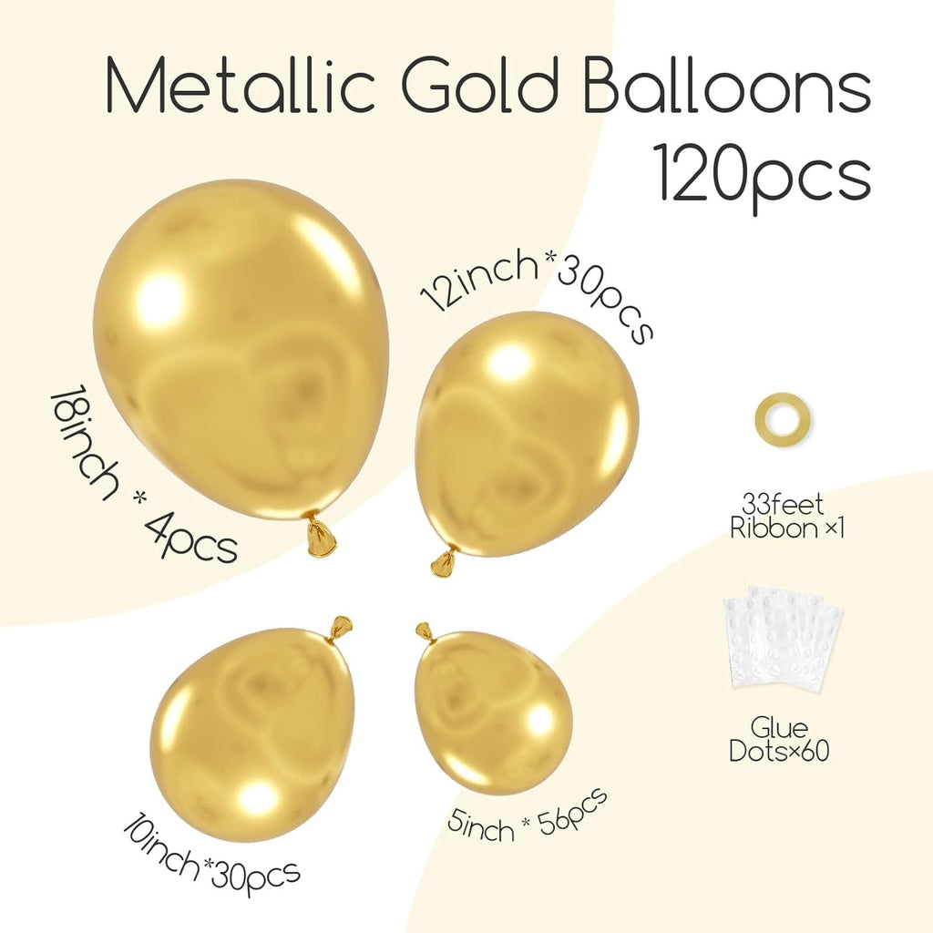 Awenztech Metallic Gold Balloon Arch Kit - 120pcs Chrome Latex Balloons in Various Sizes for Celebrations