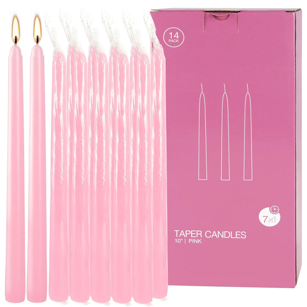 14-Pack Pink Taper Candles - 10 Inch Unscented Dripless Candlesticks, Long Burning for Weddings, Bridal Showers, Valentine's Day & Romantic Dinner Parties