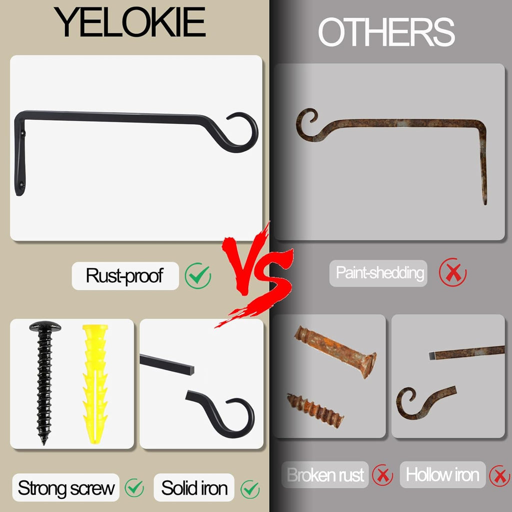 AILIN YELOKIE Premium Forged Wall Hooks - Sturdy Plant Brackets for Indoor/Outdoor Use | 12-Inch Black, 2-Pack