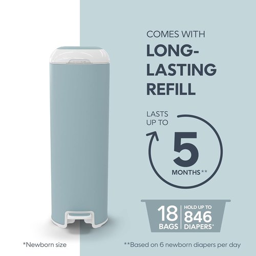 Diaper Genie Platinum Pail - Durable Stainless Steel | Glacial Blue with 1 Easy Roll Refill & 18 Bags
