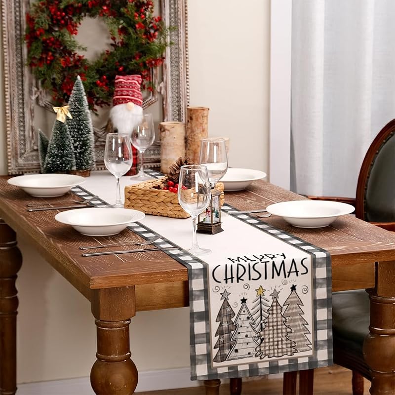 Table Runner 13x72 Inches - Merry Christmas Buffalo Plaid, Yellow