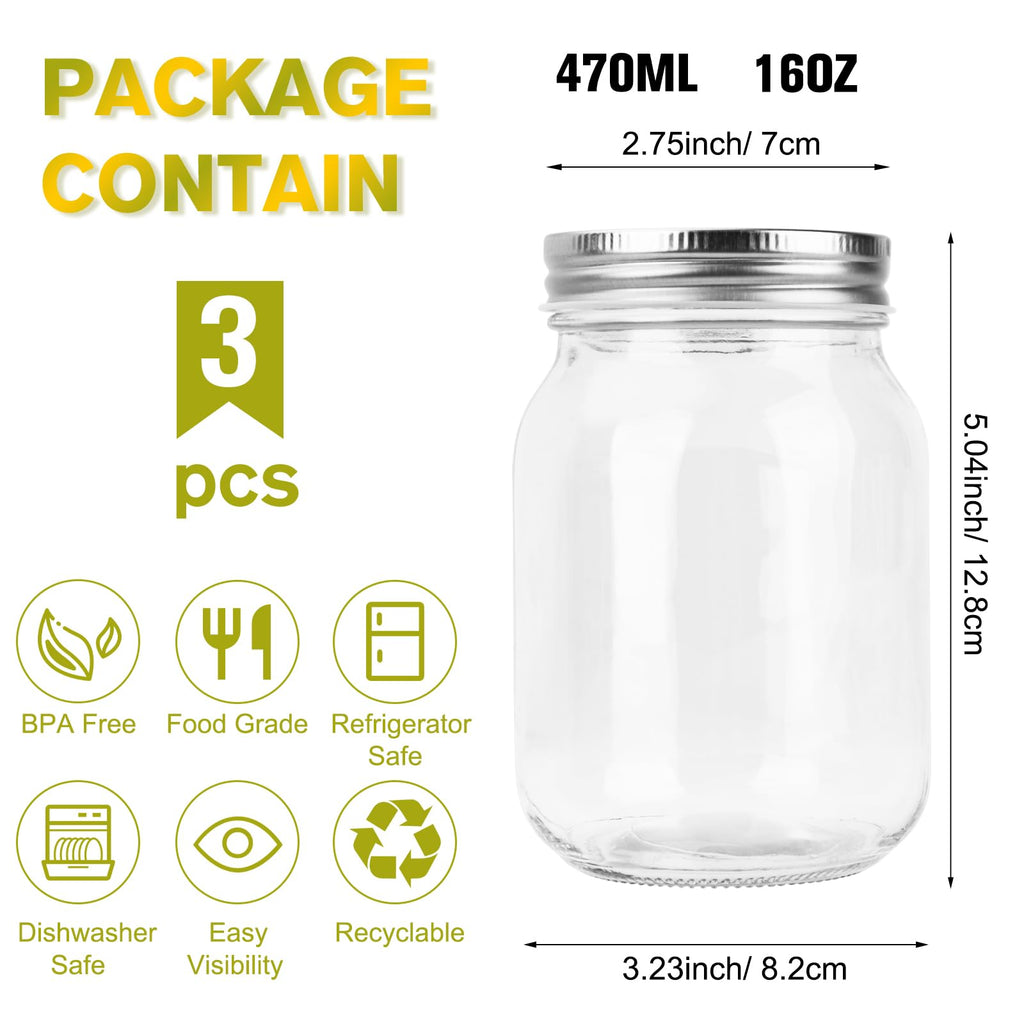ODDMUCK Glass Mason Jars, 3 Pack 16oz Clear Glass Regular Mouth Canning Jars with Lids for Sealing, Ideal for Food Storage, Snacks, Candies, Jam, Honey, Wedding Favors, Shower Favors, DIY Projects