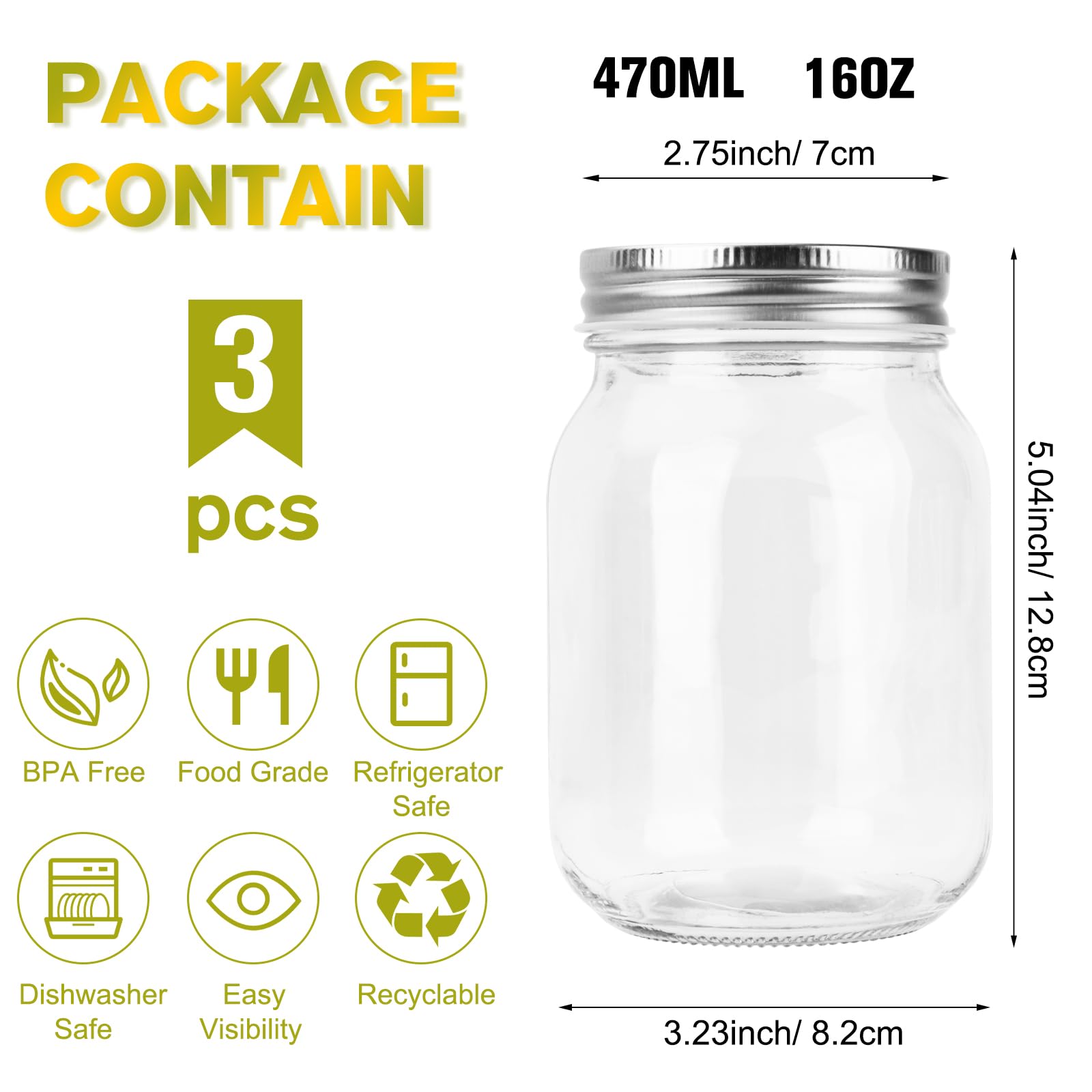 ODDMUCK Glass Mason Jars, 3 Pack 16oz Clear Glass Regular Mouth Canning Jars with Lids for Sealing, Ideal for Food Storage, Snacks, Candies, Jam, Honey, Wedding Favors, Shower Favors, DIY Projects