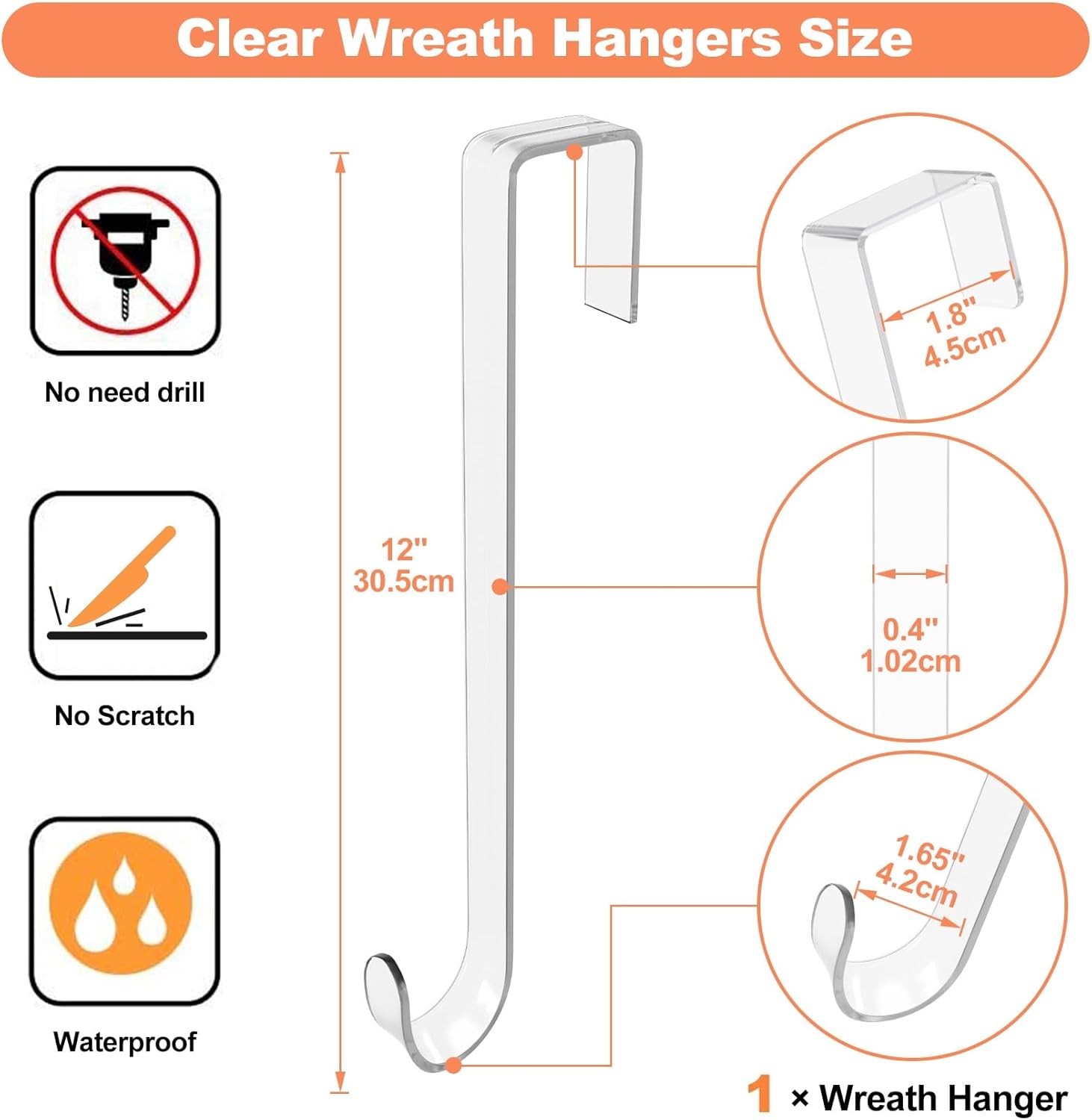 Skiennix 12" Clear Wreath Hanger - Non-Scratch Over The Door Hooks for Slim Organizer