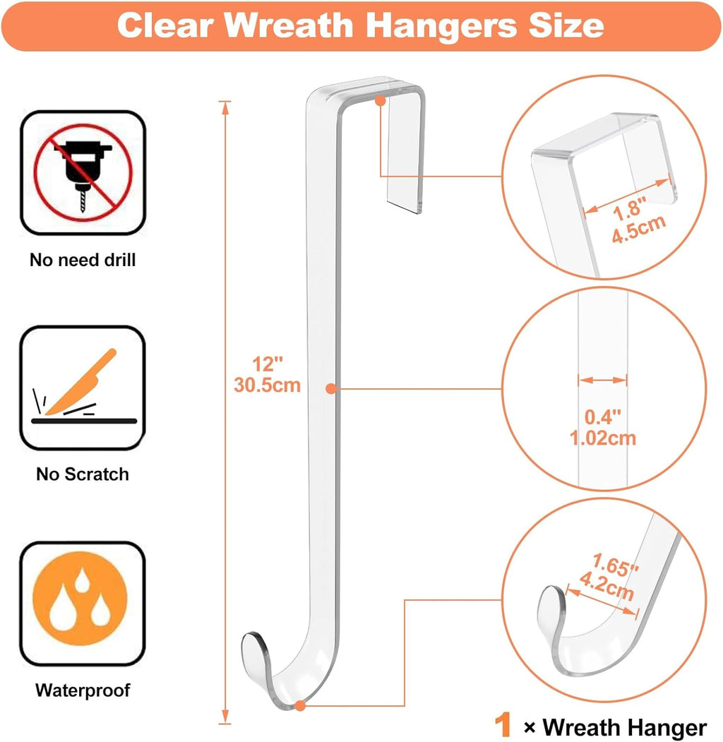 Skiennix 12" Clear Wreath Hanger - Non-Scratch Over The Door Hook for Slim Organizer Decor