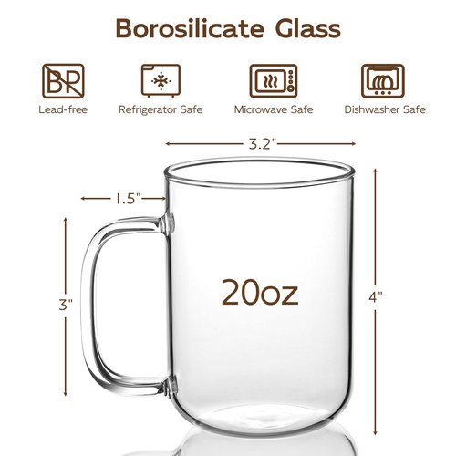 BWODYAY Glass Coffee Mugs, 20 oz Ice coffee cups, Large Clear Tea Cups Set of 2, Glass Mugs with Handles, Glass Cups for Latte, Cappuccino, and Tea