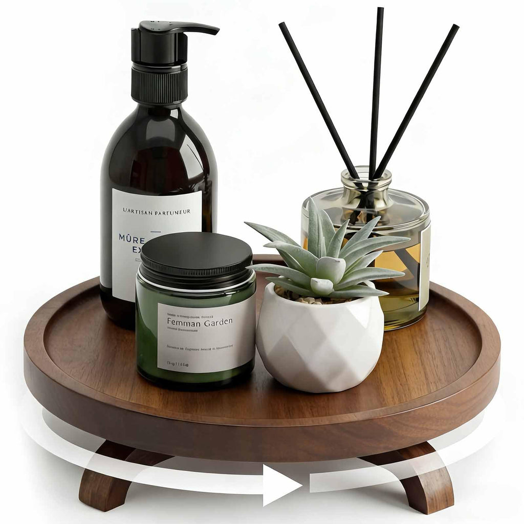 10" Solid Wood Lazy Susan Turntable Organizer for Cabinet, Pantry, Kitchen Countertop - Farmhouse Style with Raised Feet & Water-Resistant Coating, Rustic Bathroom Vanity Tray and Dining Table Decor