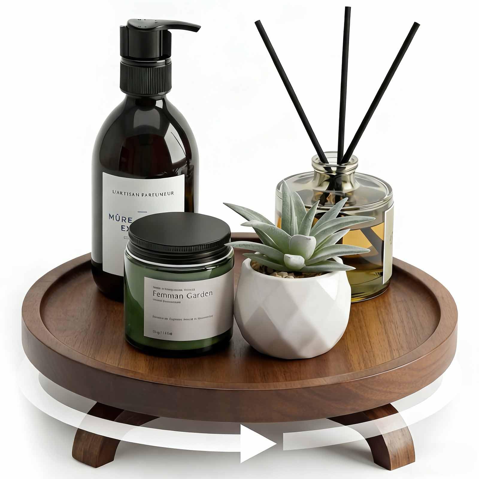 10" Solid Wood Lazy Susan Turntable Organizer for Cabinet, Pantry, Kitchen Countertop - Farmhouse Style with Raised Feet & Water-Resistant Coating, Rustic Bathroom Vanity Tray and Dining Table Decor