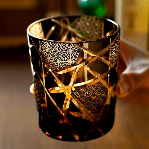 LOUISEYUN Edo Kiriko Old Fashioned Whiskey Glasses Japanese Style Crystal Amber 8 0z Black Diamond Cut Glass Cup Tumbler for Vodka Cocktail