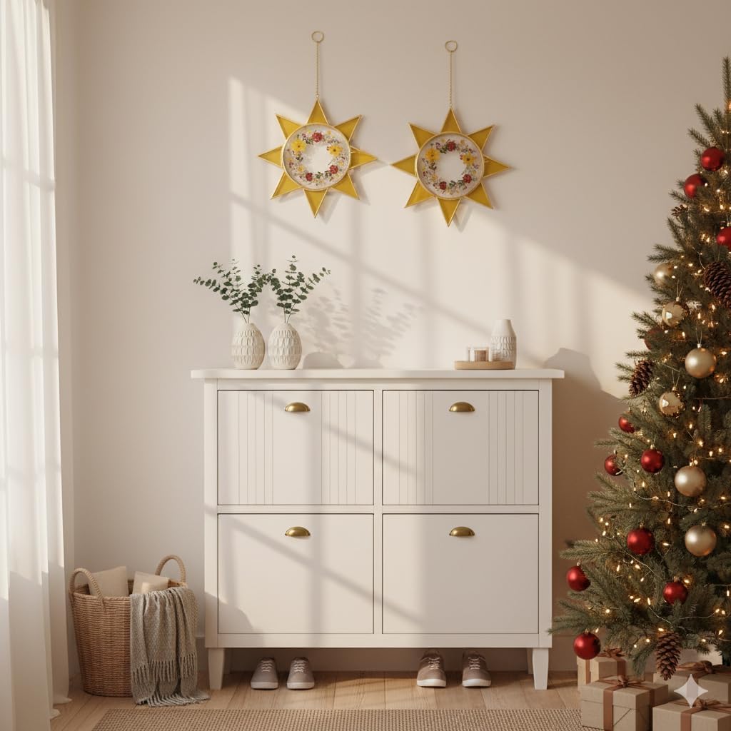 Sunburst Pressed Flower Frames - Decorative Double Glass Wall Art | Horizontal Display for Dried Flowers, Gold Finish