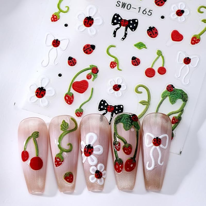 5D Embossed Nail Art Stickers Strawberry Ladybug Self-Adhesive Decals