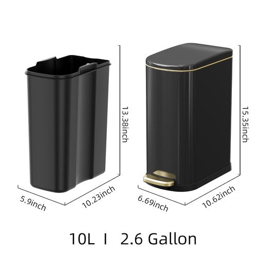 KSSKSS Slim Bathroom Trash Can - 2.6 Gallon Stainless Steel with Soft-Close Pedal | Removable Liner (Titanium Black)