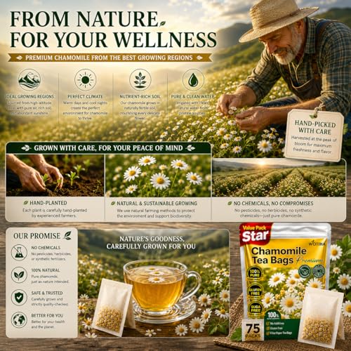 WOTIHA Premium Chamomile Tea Bags, 100% Pure Herbal Flowers, 75 Count