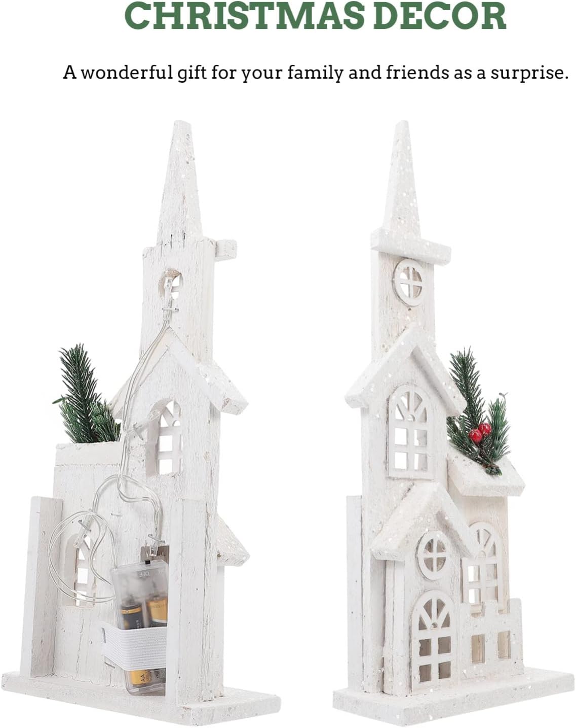NUOBESTY Christmas LED Church Light House - Wooden Village Snow Scene Ornament for Holiday Home Decor
