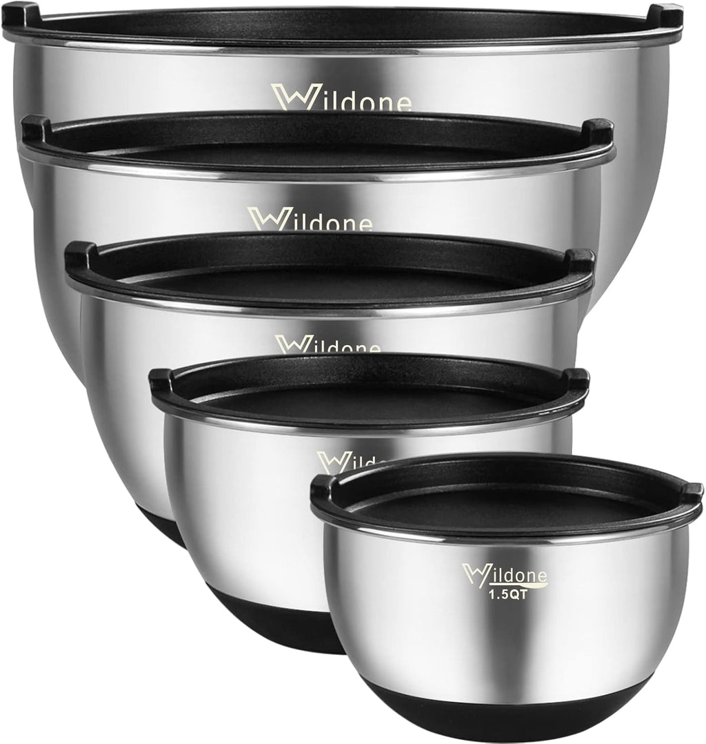Wildone Stainless Steel Mixing Bowls Set of 5 - Airtight Lids & Non-Slip Silicone Bottoms | Stackable Design, 1.5 to 8 QT