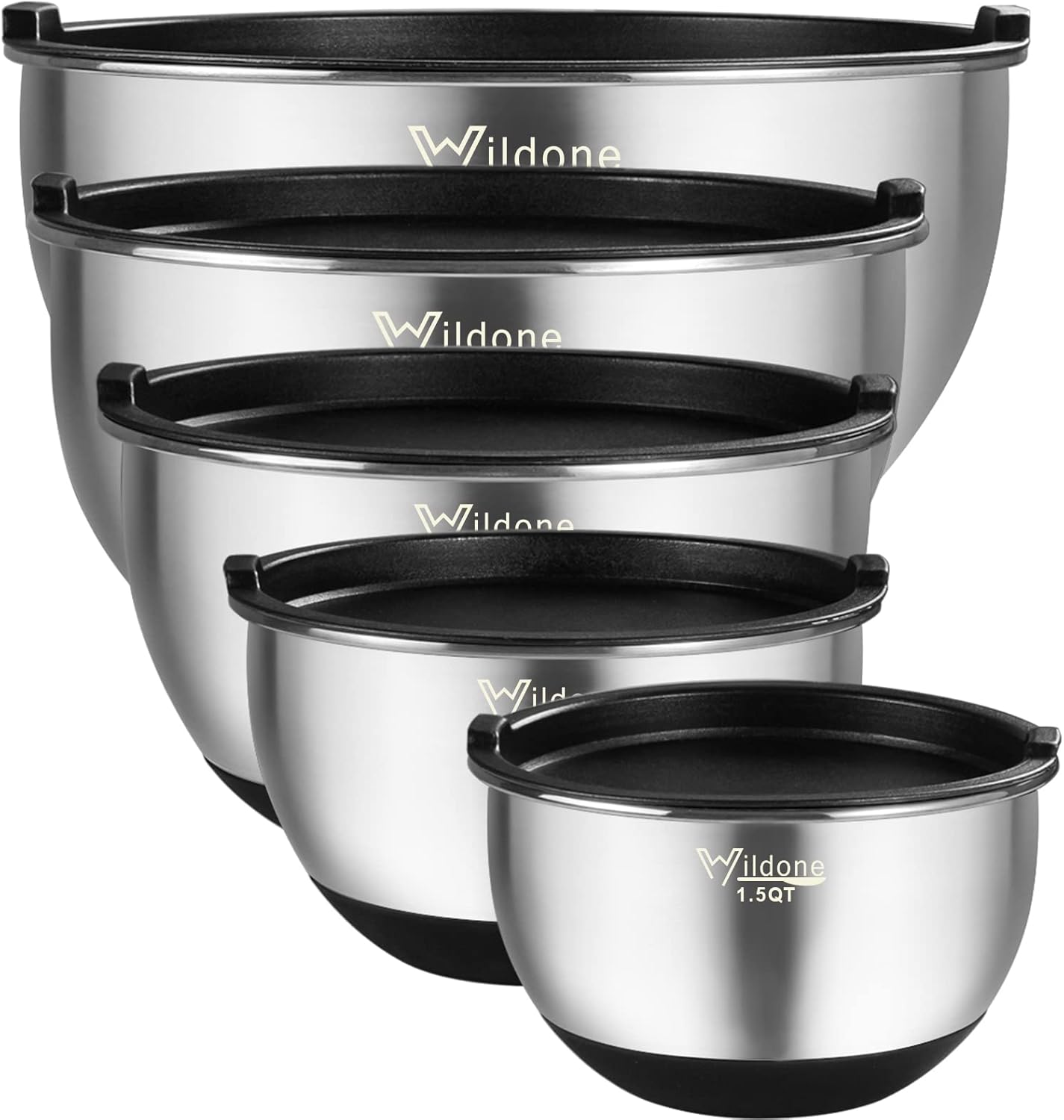 Wildone Stainless Steel Mixing Bowls Set of 5 - Airtight Lids & Non-Slip Silicone Bottoms | Stackable Design, 1.5 to 8 QT