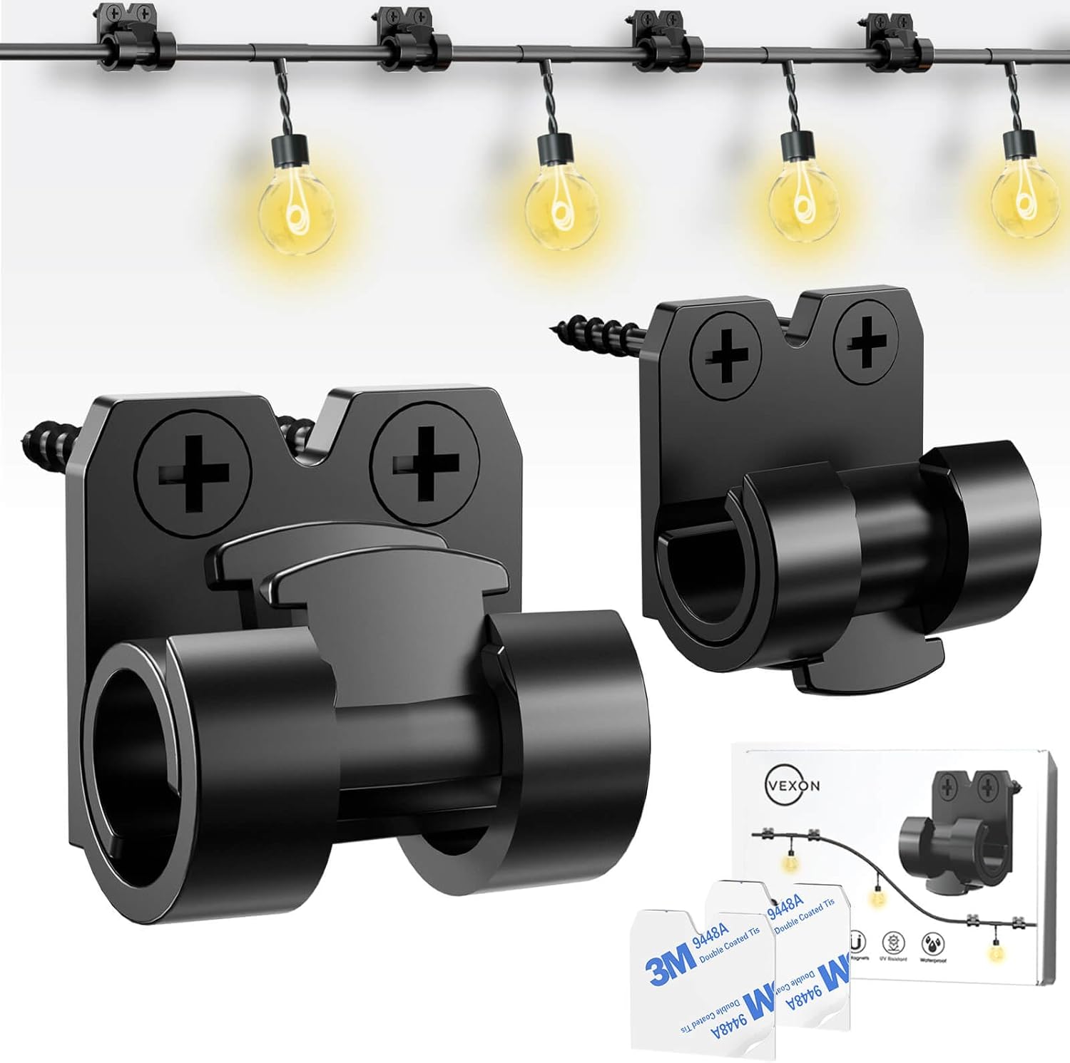 VEXON Outdoor String Light Clips - 25 Waterproof Adhesive Hooks for Hanging Balcony Lights | Black Cable Holders