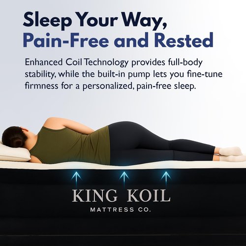 King Koil Queen Air Mattress - Luxury Pillow Top with Built-in Pump | Waterproof, 20" Double Size, Ideal for Home & Camping