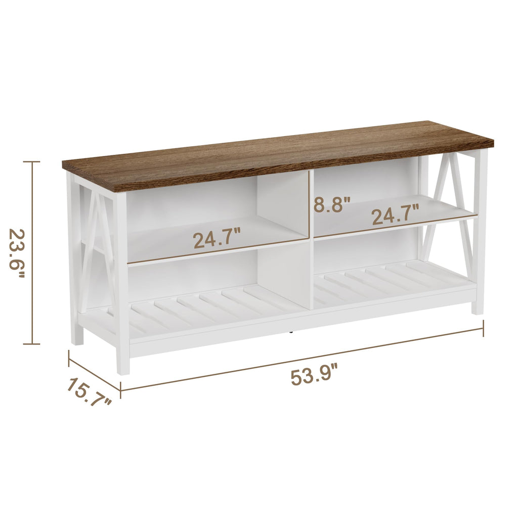 ChooChoo Farmhouse TV Stand for TVs up to 60 Inch, Modern Entertainment Center with 4 Open Shelves & Built-in Cable Holes, Media TV Console for Living Room, Bedroom, White