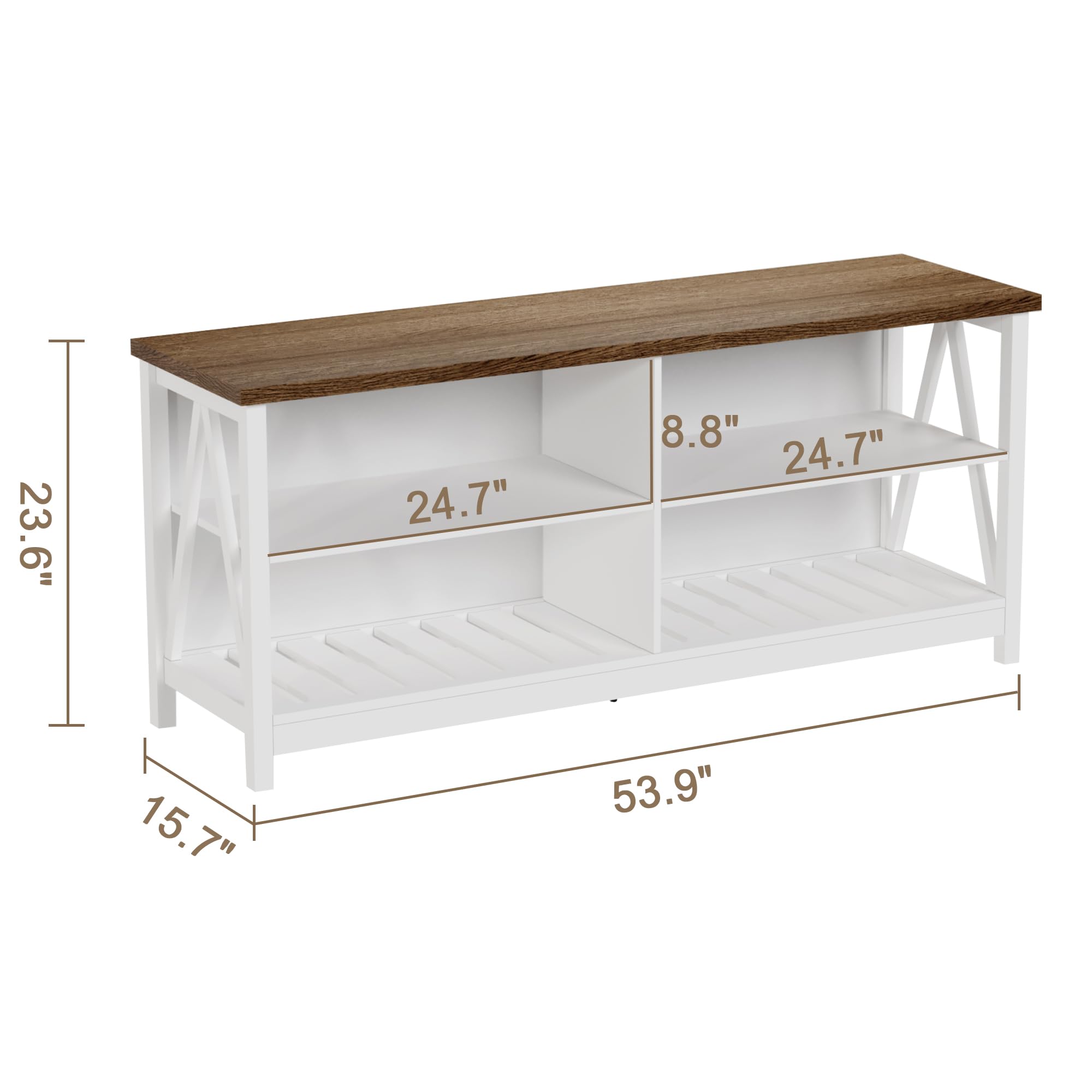 ChooChoo Farmhouse TV Stand for TVs up to 60 Inch, Modern Entertainment Center with 4 Open Shelves & Built-in Cable Holes, Media TV Console for Living Room, Bedroom, White
