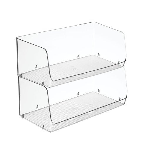 mDesign Modern Stackable Plastic Open Front Dip Extra Large Storage Organizer Bin Basket for Kitchen Organization, Shelf, Cubby, Cabinet, and Pantry Organizing Decor, Ligne Collection - 2 Pack - Clear