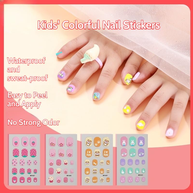 SUMINGGO Kids Nail Stickers - Cute Animal & Fruit Peel-and-Stick Decals, 5 Sheets