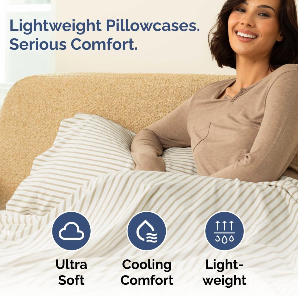 Skiennix Standard Pillow Cases Set of 4 - Soft Hotel Quality Covers - Machine Washable Beige Stripes