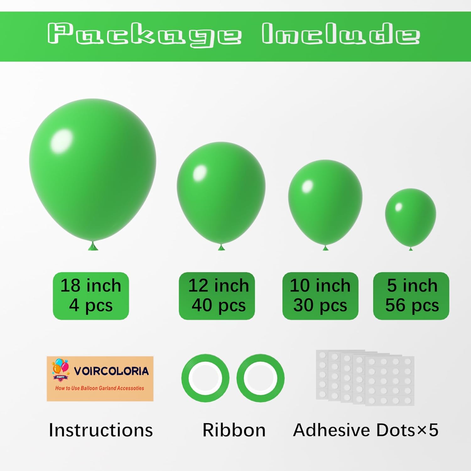 Voircoloria 130pcs Green Balloons - Assorted Sizes for Birthday, Baby Shower & St. Patrick's Day Celebrations