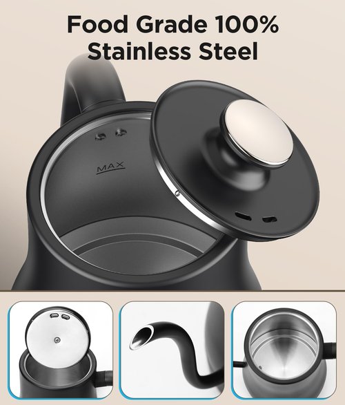 KOIOS Gooseneck Electric Kettle with ±1℉ Temperature Control & Mute Mode, 0.8L Pour Over Kettle for Coffee & Tea, 1200W Quick Heating Stainless Steel Water Boiler with 4Hrs Keep Warm, Matt Black