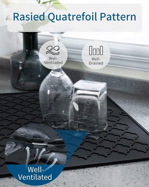 AMOAMI Dish Drying Mat - Heat Resistant Silicone Kitchen Pad | 12" x 16", Black