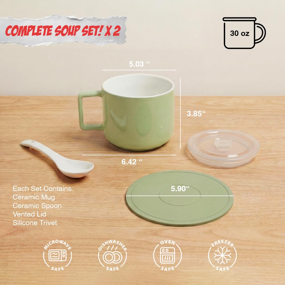 Presva Ceramic Soup Bowls with Handles & Lids, Set of 2 with Spoons & Trivets, 30oz Large Soup Mugs, Oven Safe Bowls for Soup, Ramen, Oatmeal & Cereal, Microwave & Dishwasher Safe, Green