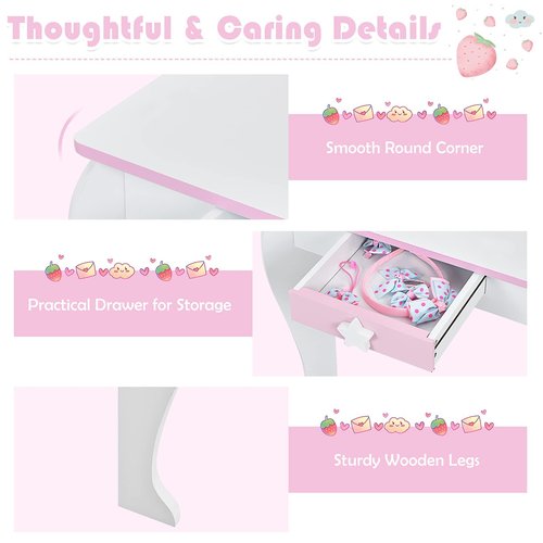 OLAKIDS Kids Vanity, 2 in 1 White Princess Wooden Table and Chair Set for Toddlers with Detachable Unicorn Mirror, Stool, Storage Drawer, Pretend Beauty Make Up Dressing Play Set for Girls Age 4-9