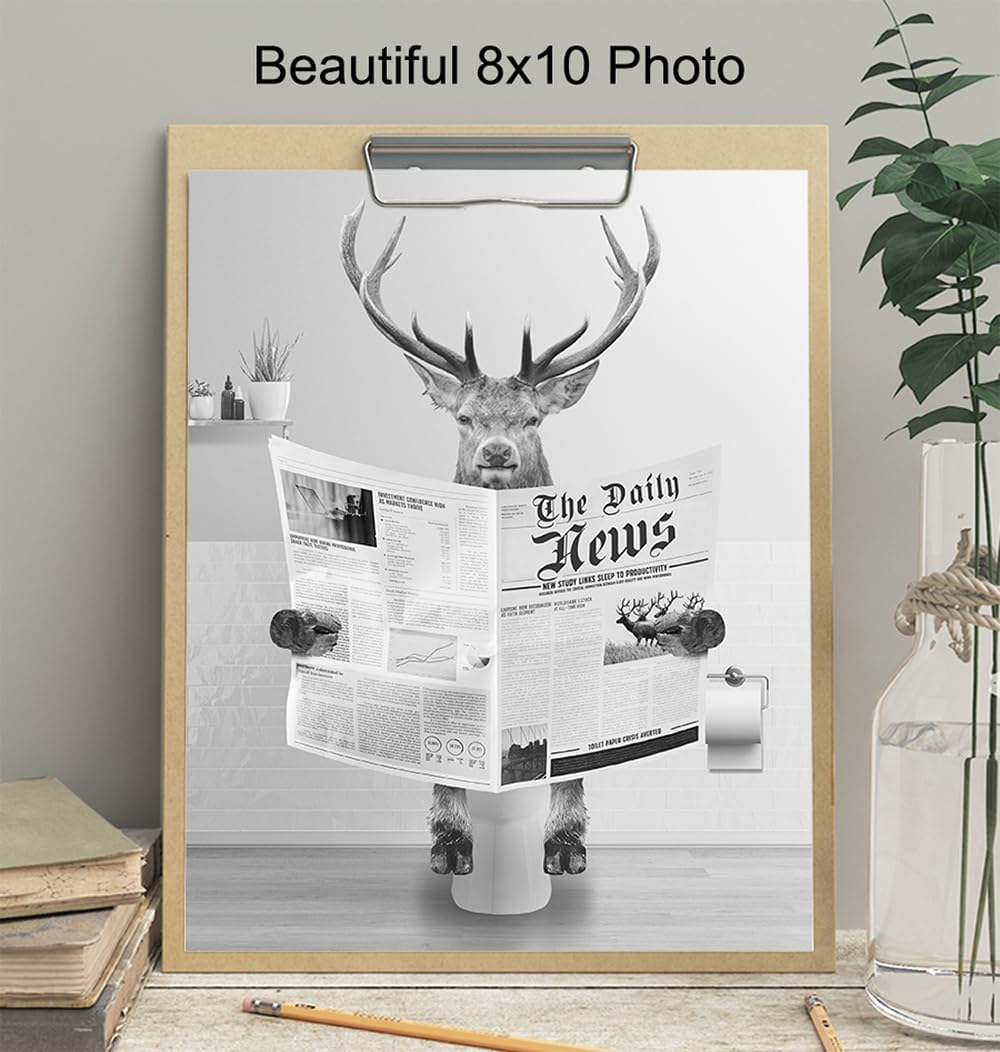 Skiennix Bathroom Wall Art - Deer Hunting Decor | Funny Elk Artwork for Men & Kids - Unframed Print